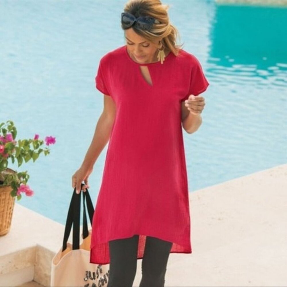 Soft Surroundings Moderne Gauze Cutout Red 100% Cotton Women's Large Tunic Top